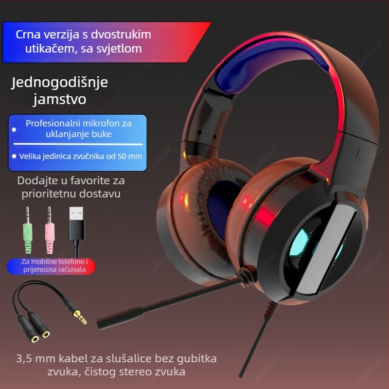 Gamer slušalice za PC, over-ear, USB kabel, mikrofon, 7.1 surround zvuk