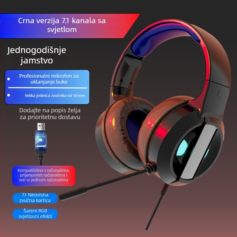 Gamer slušalice za PC, over-ear, USB kabel, mikrofon, 7.1 surround zvuk