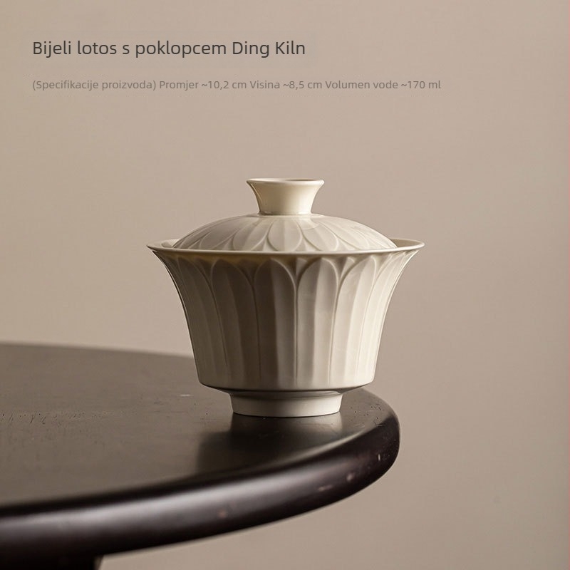 Guanlan retro kineski gaiwan s bijelim laticama lotosa, keramička šalica s poklopcem za Gongfu čaj