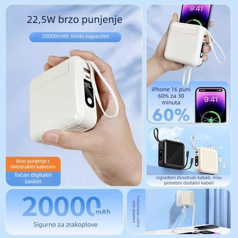 Power banka s integriranim utikačem i kabelom, 20000mAh, 3C certifikat, brzo punjenje
