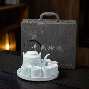 Gongfu čajni set od bijelog porculana s gaiwanom, čajnikom i šalicama – poklon kutija, za šest osoba, moderan minimalistički stil