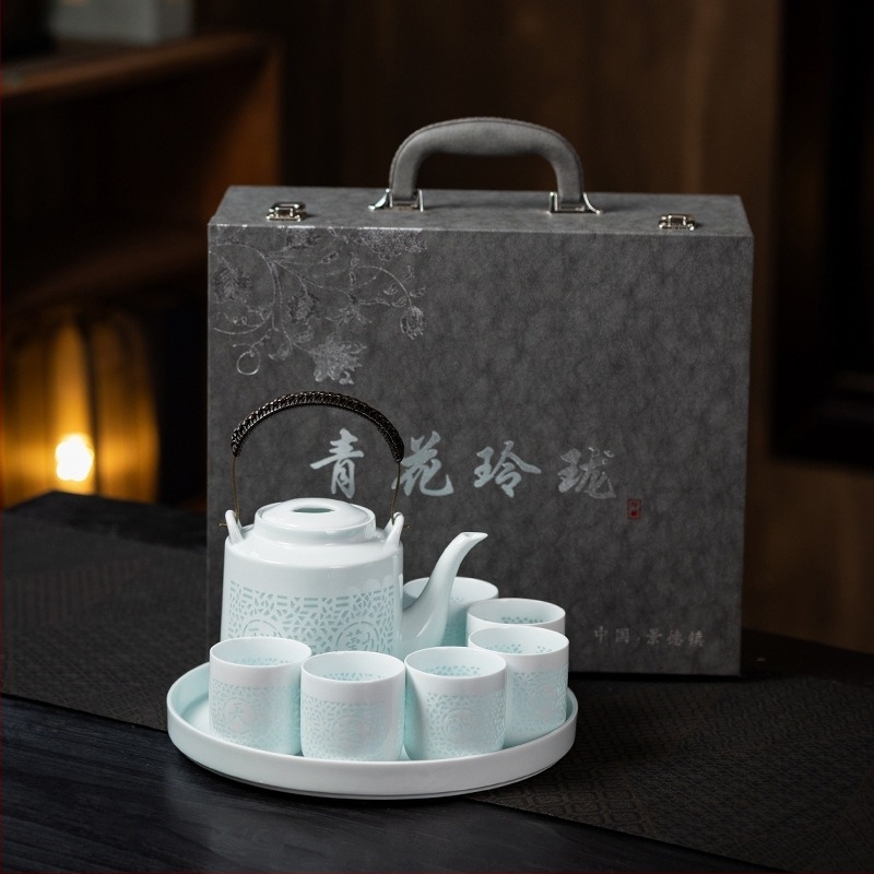 Gongfu čajni set od bijelog porculana s gaiwanom, čajnikom i šalicama – poklon kutija, za šest osoba, moderan minimalistički stil