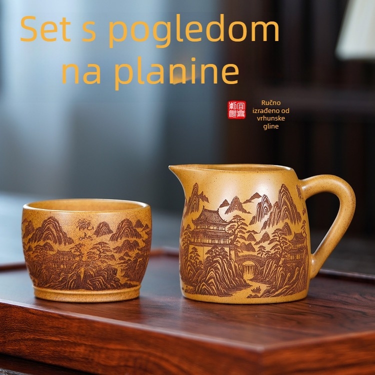 Yixing čajnik od ljubičaste gline, ručno izrađeni čajni set s degustacijskim šalicama i majstorskom šalicom s graviranim motivima