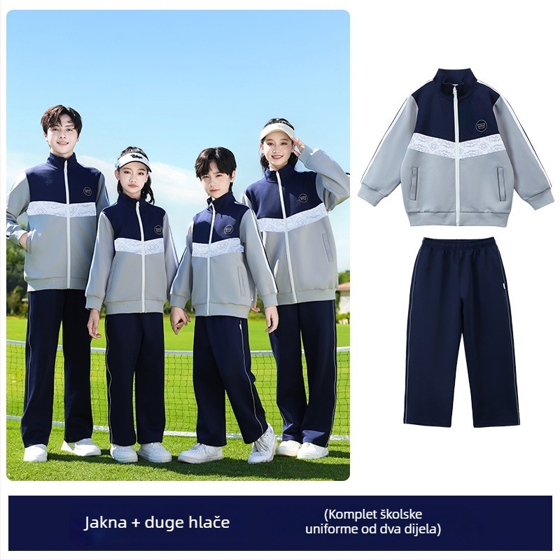 Dječji jedinstveni školski uniformni set za proljeće i jesen — unisex, bluza na zip s dugim rukavima i hlače