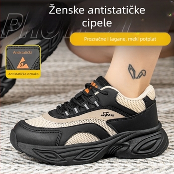 Ženske antistatijske zaštitne cipele za rad, lagane i izdržljive, gornji dio od mikrovlaknastog kože i mreže, niski profil, otporne na udarce i probijanje