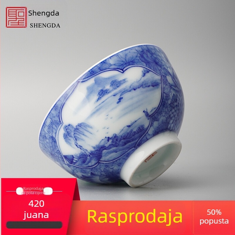 Šalica za čaj Gongfu – ručno oslikana plavo-bijela Jingdezhen porcelan, pejzaž kroz prozor s cvjetnim motivom