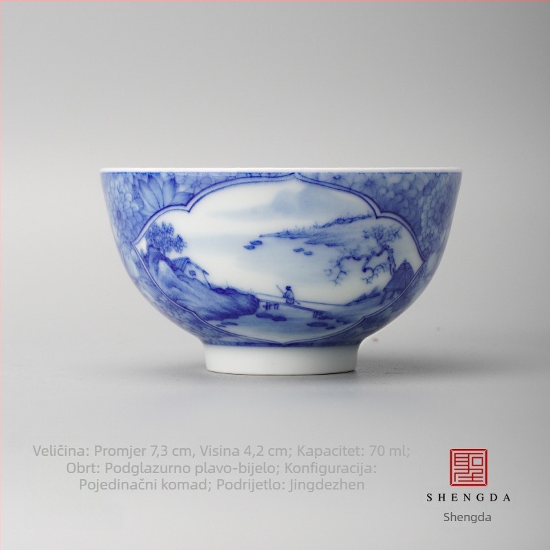 Šalica za čaj Gongfu – ručno oslikana plavo-bijela Jingdezhen porcelan, pejzaž kroz prozor s cvjetnim motivom