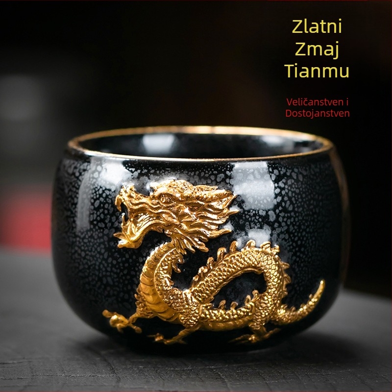 Porcelanska čajna šalica s reljefom i pozlaćenjem, Zodijak Zmaja, Jianzhan Master Cup u kutiji za poklon
