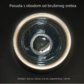 Šalica za čaj sa srebrnom glazurom i plavim kapljicama ulja na željezničkom tijelu, crni porcelin, majstorska jedna šalica, vrhunska šalica za čaj