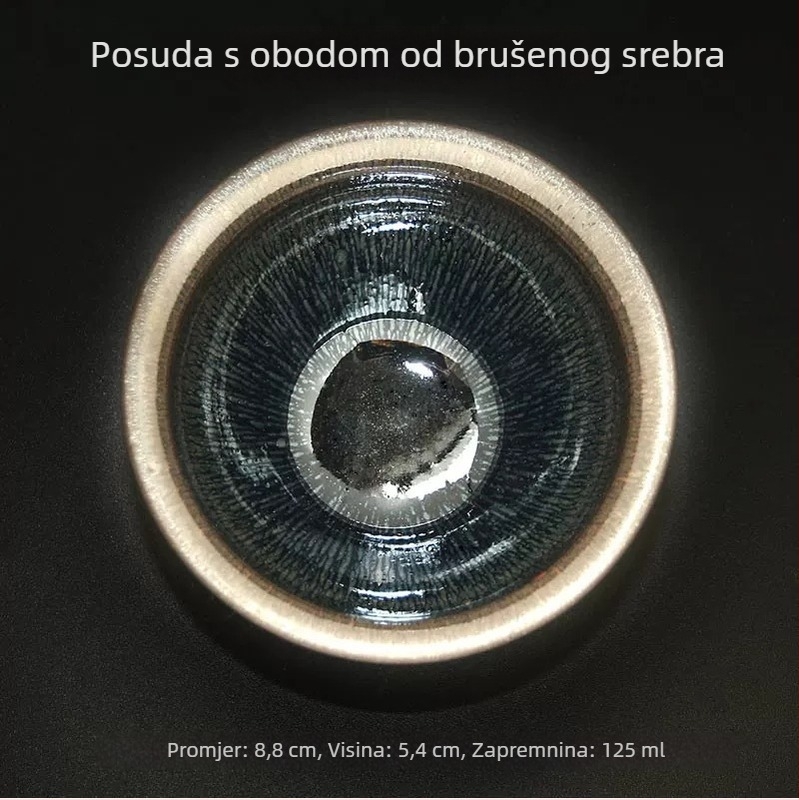 Šalica za čaj sa srebrnom glazurom i plavim kapljicama ulja na željezničkom tijelu, crni porcelin, majstorska jedna šalica, vrhunska šalica za čaj