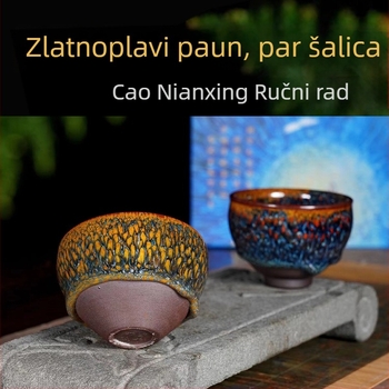 Ručno izrađeni par čaša s pozlaćenim zlatno-plavim paunom, u poklon kutiji, keramičke čajne šalice
