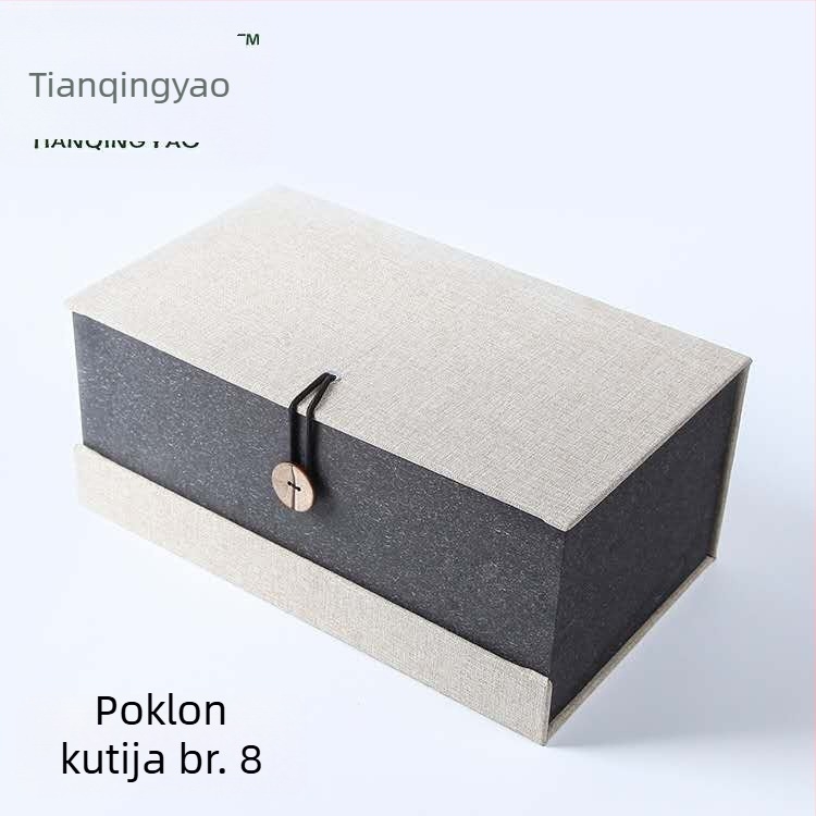 Poklon kutija od brokatnog lana za Jian ware šalicu od ljubičaste gline, s klasičnim gumbom na poklopcu