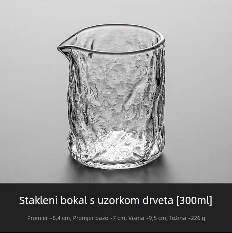 Čajna šalica od visokoborosilikatnog stakla s motivom kore drveta, prozirna, ravno tijelo, za kućnu uporabu.