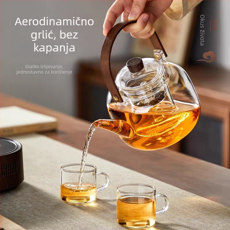 Čajnik velike kapacitete od izdržljivog stakla, s drvenom ručkom, integrirano kuhanje i para, za čaj na štednjaku