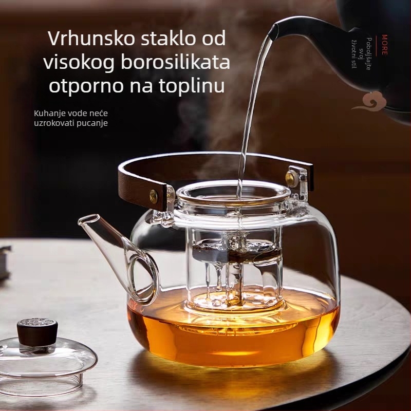 Čajnik velike kapacitete od izdržljivog stakla, s drvenom ručkom, integrirano kuhanje i para, za čaj na štednjaku