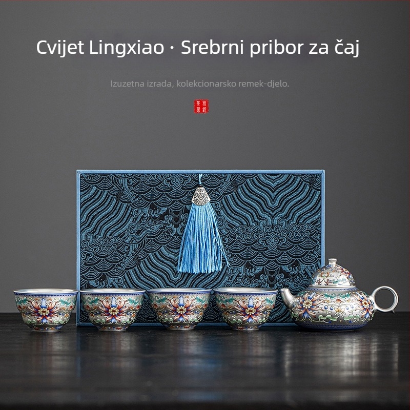 Ručno izrađeni porculanski čajni set sa srebrnom prevlakom, čajnik i šalice u kineskom stilu, luksuzni poklon paket