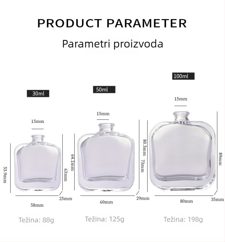 Staklena boca za parfem s raspršivačem, kapica bayonet, 100 ml/50 ml/30 ml
