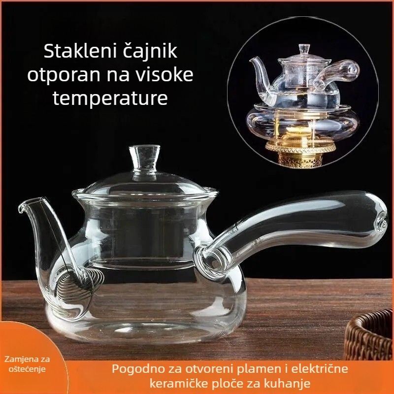 Stakleni čajnik s bočnom drškom i filterom za čaj, otporan na visoke temperature, pogodan za keramičku ploču
