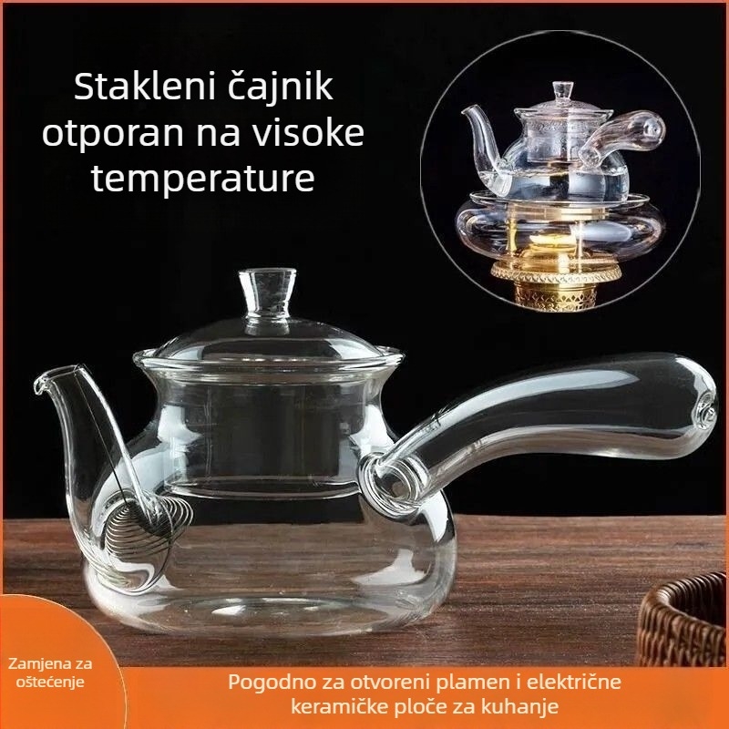Stakleni čajnik s bočnom drškom i filterom za čaj, otporan na visoke temperature, pogodan za keramičku ploču
