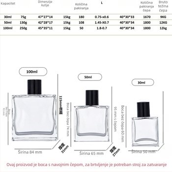 Staklene bočice za parfem, kapaciteti 50 ml, 100 ml i 30 ml, gradijentna plava, prozirna crna i plava.