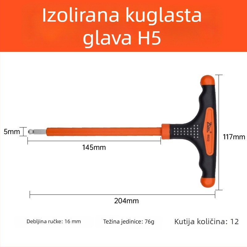 Izolirani T-Allen ključ s ravnim i kugličnim vrhom, trobojnom neklizajućom drškom i produženim vratom za električare