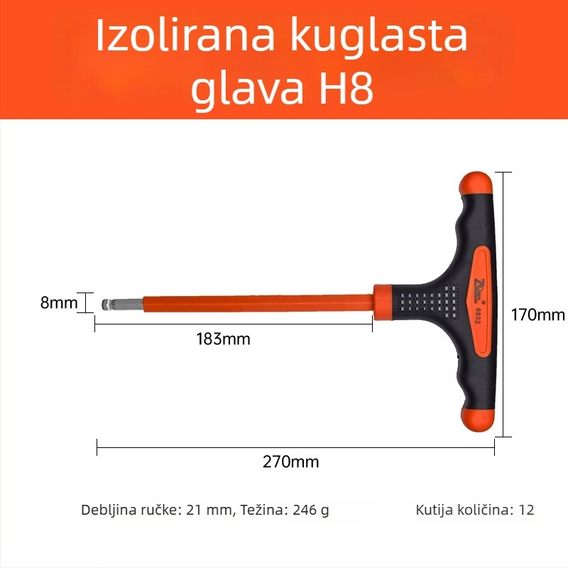 Izolirani T-Allen ključ s ravnim i kugličnim vrhom, trobojnom neklizajućom drškom i produženim vratom za električare