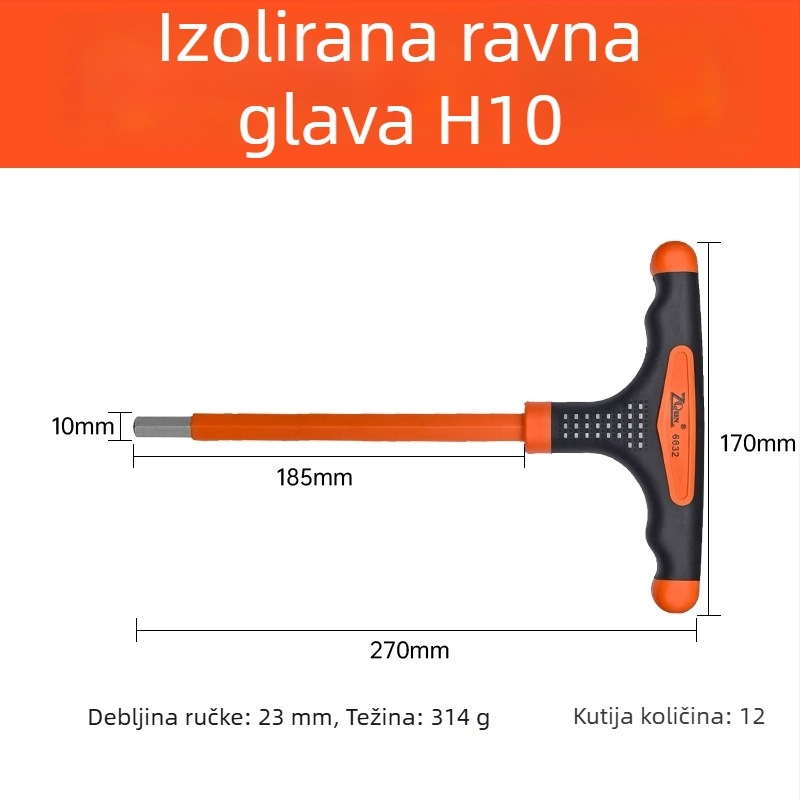 Izolirani T-Allen ključ s ravnim i kugličnim vrhom, trobojnom neklizajućom drškom i produženim vratom za električare