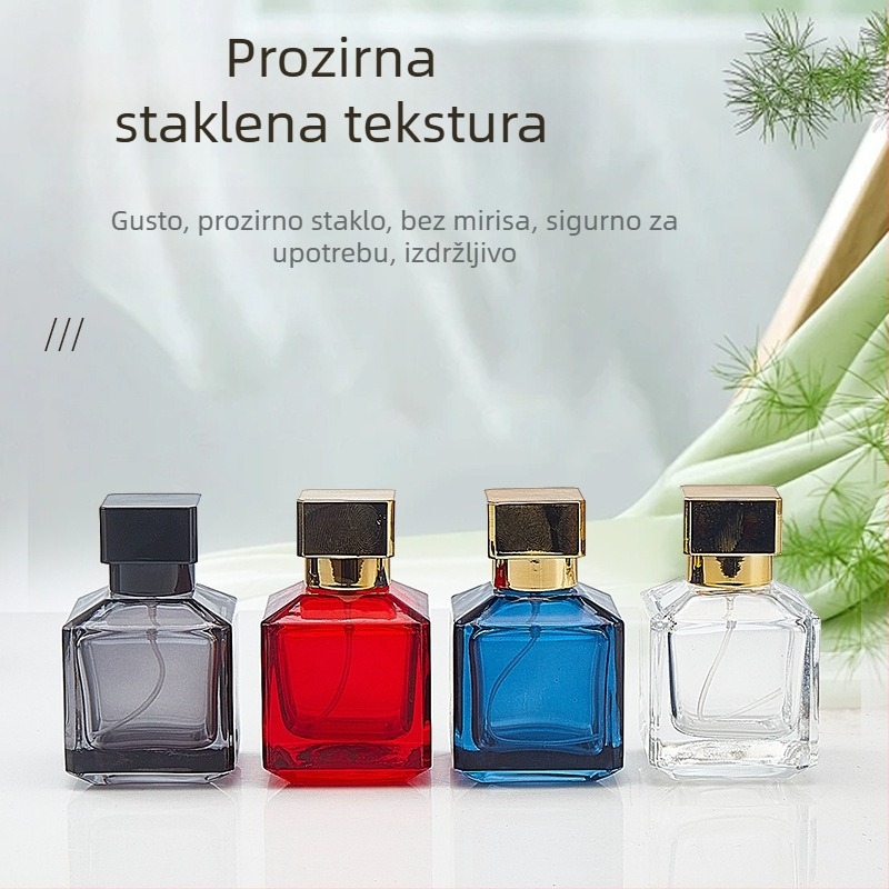 Šareni kvadratni stakleni spremnik za parfem 50 ml s pritisknim kapom i finim raspršivačem