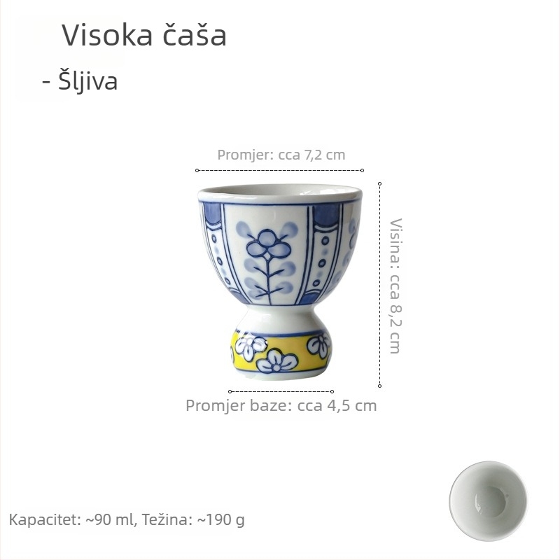 Retro ručno oslikana plavo-bijela čaša s visokom nogom, čajna šalica u obliku tikve, porculan, motiv blagoslova, japanski stil