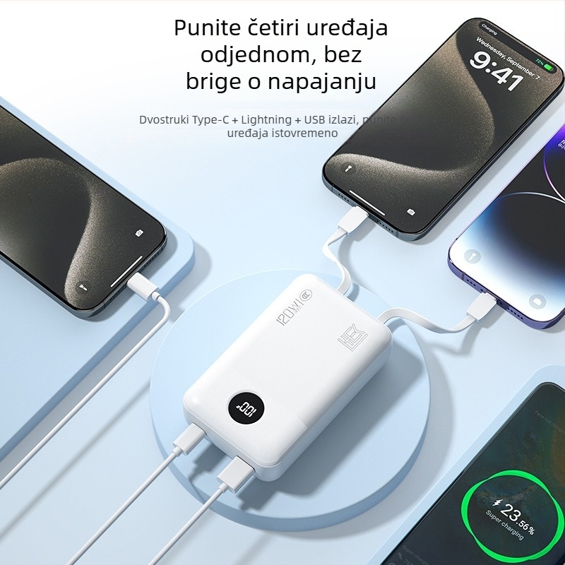 ZUZG3c certificirani mini power bank s integriranim kabelom, 22.5W brzo punjenje, 20.000 mAh