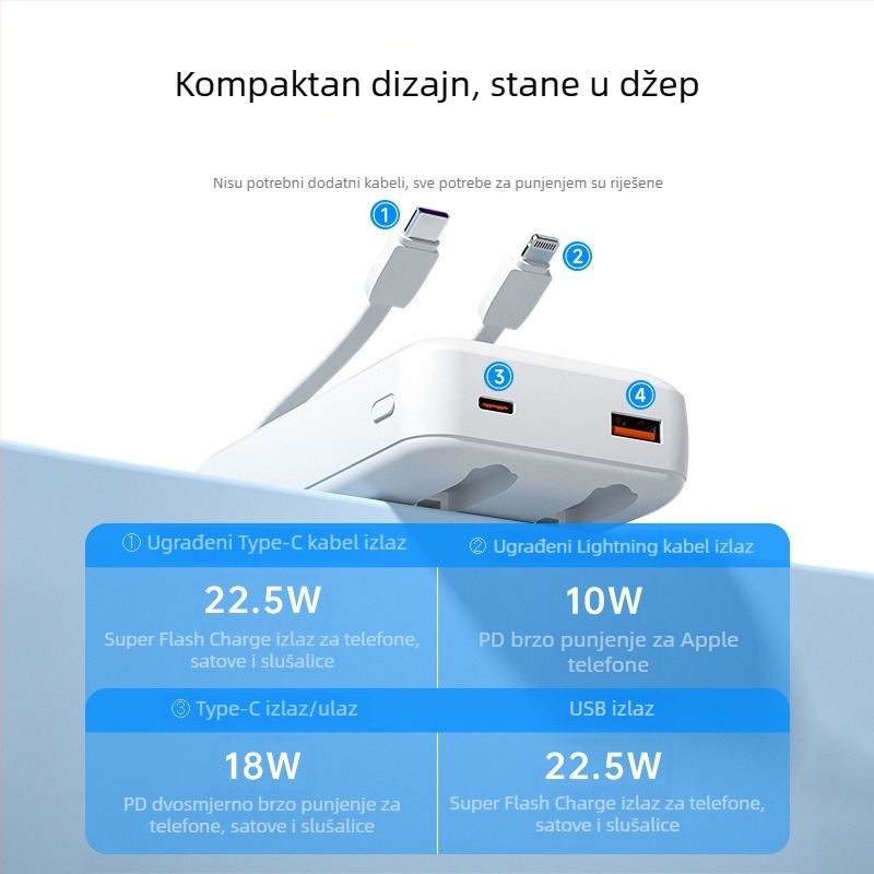 ZUZG3c certificirani mini power bank s integriranim kabelom, 22.5W brzo punjenje, 20.000 mAh