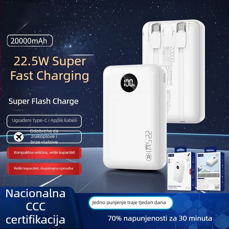 ZUZG3c certificirani mini power bank s integriranim kabelom, 22.5W brzo punjenje, 20.000 mAh