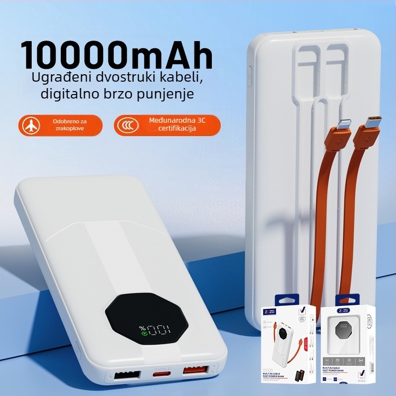ZUZG3c certificirani mini power bank s integriranim kabelom, 22.5W brzo punjenje, 20.000 mAh