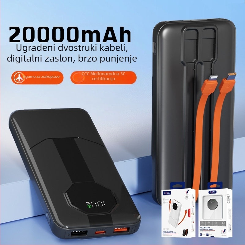 ZUZG3c certificirani mini power bank s integriranim kabelom, 22.5W brzo punjenje, 20.000 mAh