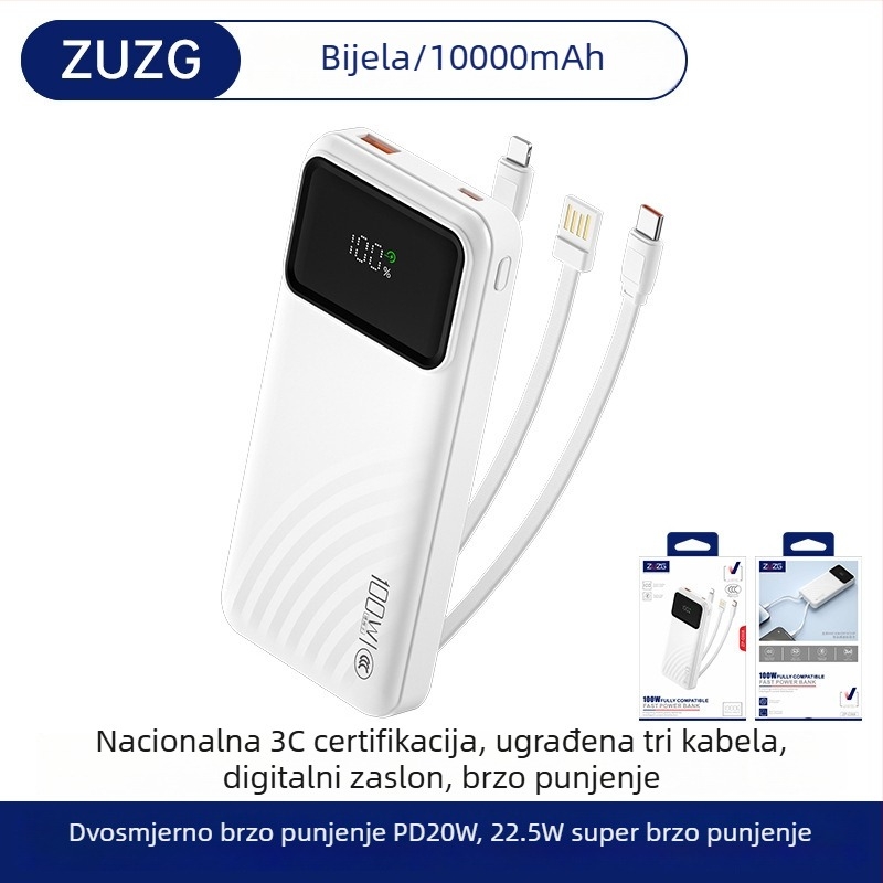 ZUZG3c certificirani mini power bank s integriranim kabelom, 22.5W brzo punjenje, 20.000 mAh
