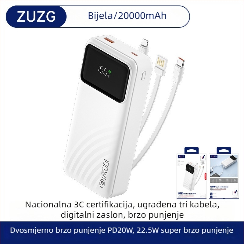 ZUZG3c certificirani mini power bank s integriranim kabelom, 22.5W brzo punjenje, 20.000 mAh