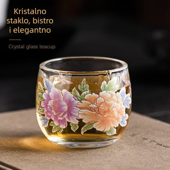 Čašica za čaj od kristalnog stakla s promjenom boje pri zagrijavanju, motiv peonija, debeli dizajn, za kućnu upotrebu