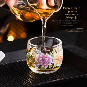 Čašica za čaj od kristalnog stakla s promjenom boje pri zagrijavanju, motiv peonija, debeli dizajn, za kućnu upotrebu