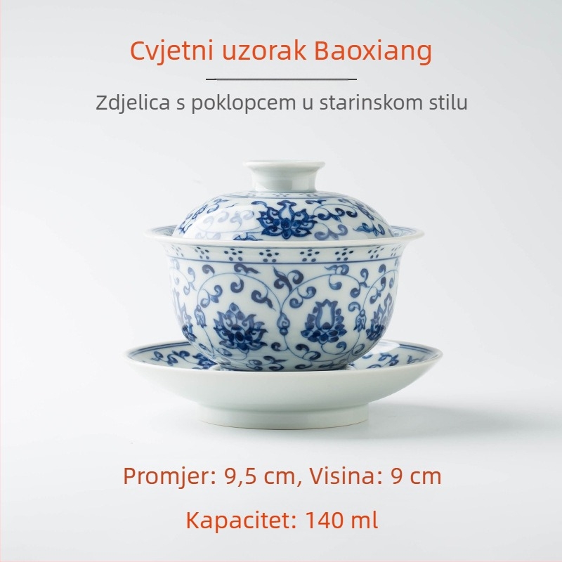 Ming Yongle inspiriran retro plavo-bijeli čajni zdjelj s poklopcem, ručno oslikana porculanska šalica s poklopcem, glazura u tri boje.
