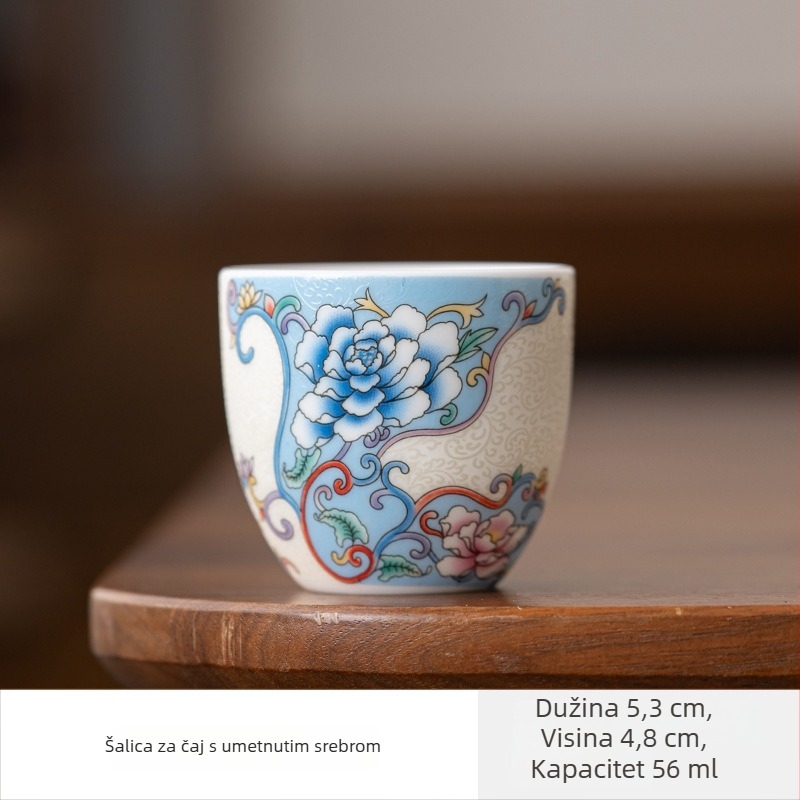 Porcelanska Gongfu šalica za čaj s filigranskim srebrnim motivom božura – ručno izrađena, elegantna pojedinačna šalica za čaj