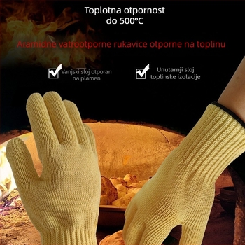Aramidne rukavice otporné na visoke temperature, s izolacijom, zaštitom od opeklina i rezova, pogodne za pećnice i mikrovalne do 500°C.