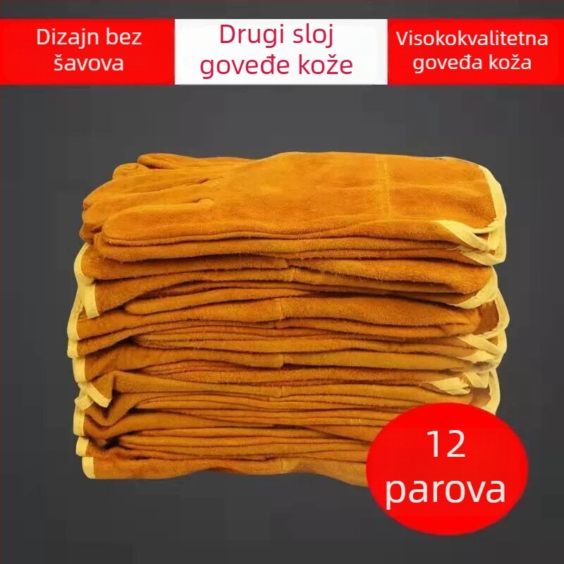 Rukavice za zavarivanje od kravlje kože, kratke, bez šavova, ojačana dlan, otporne na visoke temperature, zaštita od opeklina, mekane radne rukavice