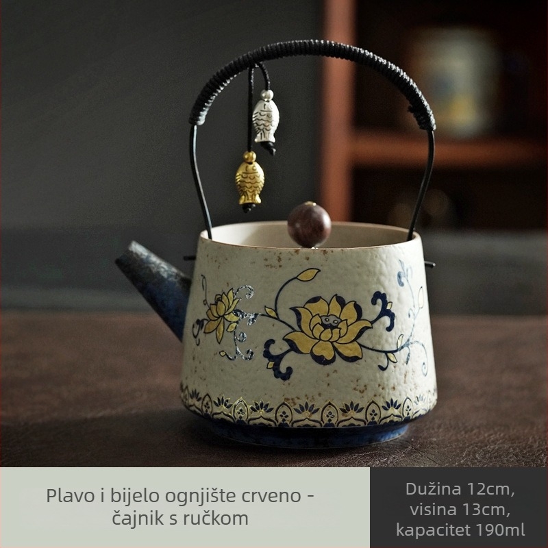 Čajnik od plavo-bijele porculanske s motivom lotosa i prepletenih grana, s lukom ručke, keramički retro čajnik s filtrom