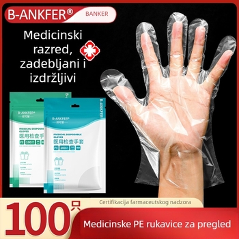 Jednokratne prozirne rukavice od polietilena, debljih za medicinske preglede; pogodne za kućnu upotrebu, ugostiteljstvo, ljepotu i frizerstvo.