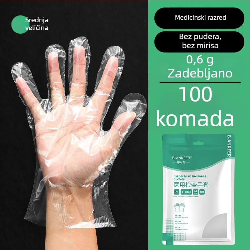 Jednokratne prozirne rukavice od polietilena, debljih za medicinske preglede; pogodne za kućnu upotrebu, ugostiteljstvo, ljepotu i frizerstvo.