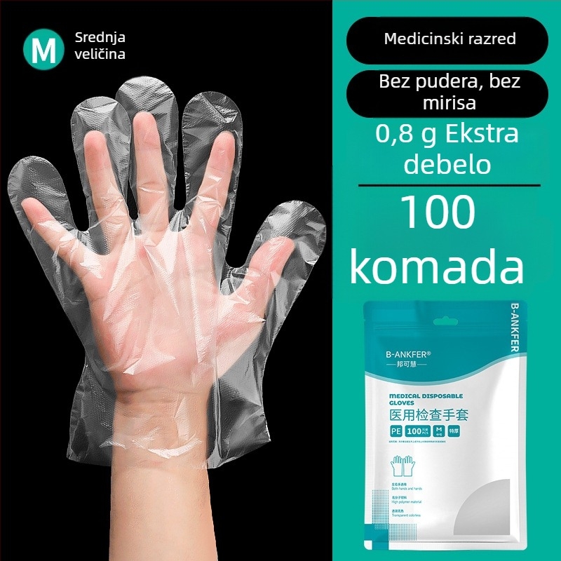 Jednokratne prozirne rukavice od polietilena, debljih za medicinske preglede; pogodne za kućnu upotrebu, ugostiteljstvo, ljepotu i frizerstvo.