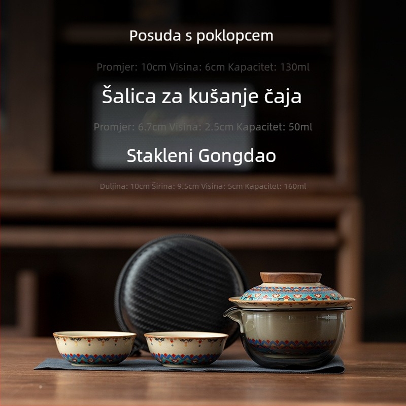 Putni čajni set: jedan čajnik i tri šalice, porcelnasti lončić s poklopcem ledeno jade, Gongfu šalice, prijenosna torba, korporativni dar za team building