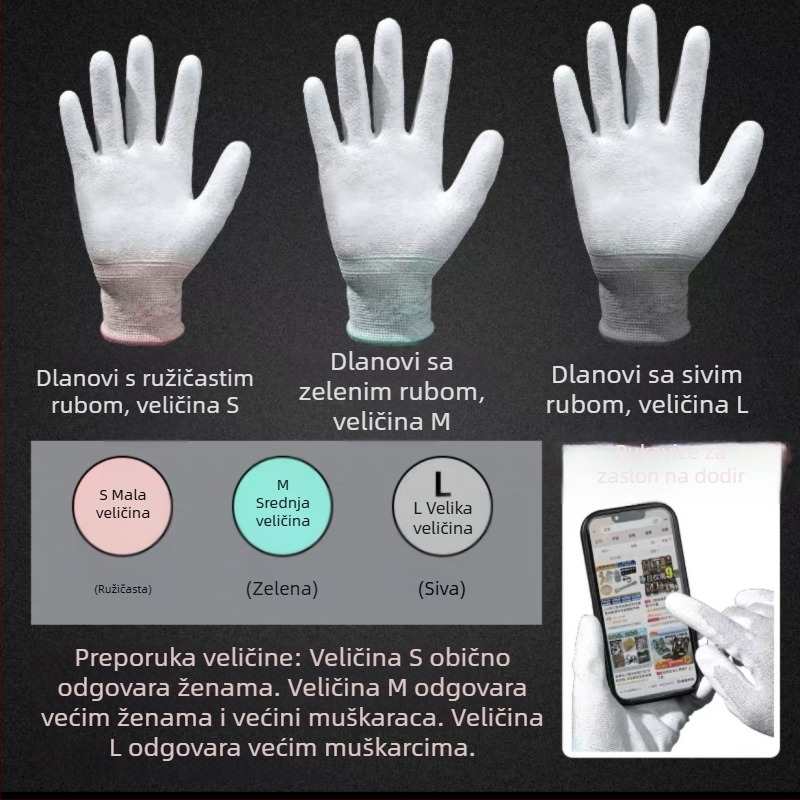 Rukavice od karbonskih vlakana s antistatiskim PU premazom na dlanu, otporne na habanje, za elektroniku i čiste prostore