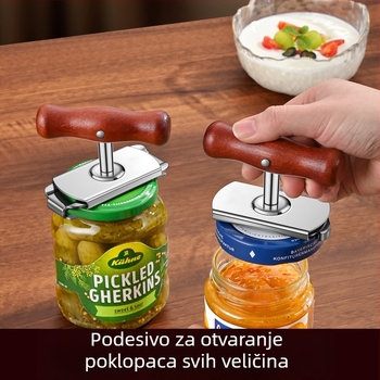 Višenamjenski otvarač za konzerve, boce i poklopce staklenih tegli; nehrđajući čelik; prijenosni.