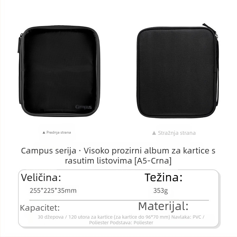 Kokuyo Campus A5 fotoalbum s prozirnim listovima, stranice s četiri kvadratne mreže, za fotografije i kartice